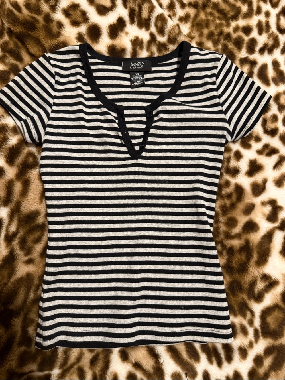 Just Polly black and grey striped baby tee button top